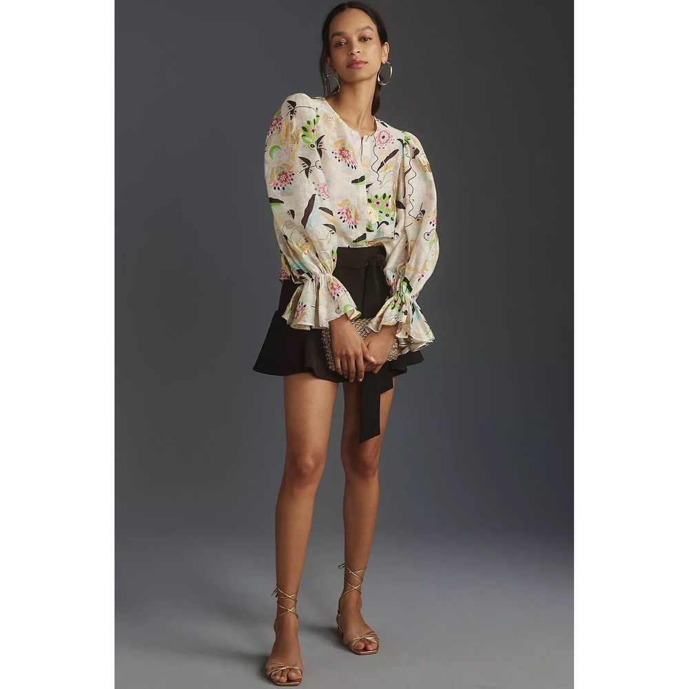 Cynthia Rowley Love Locket Linen Silk Puff Sleeve Blouse Gold Foil Ivory Small - Picture 6 of 13